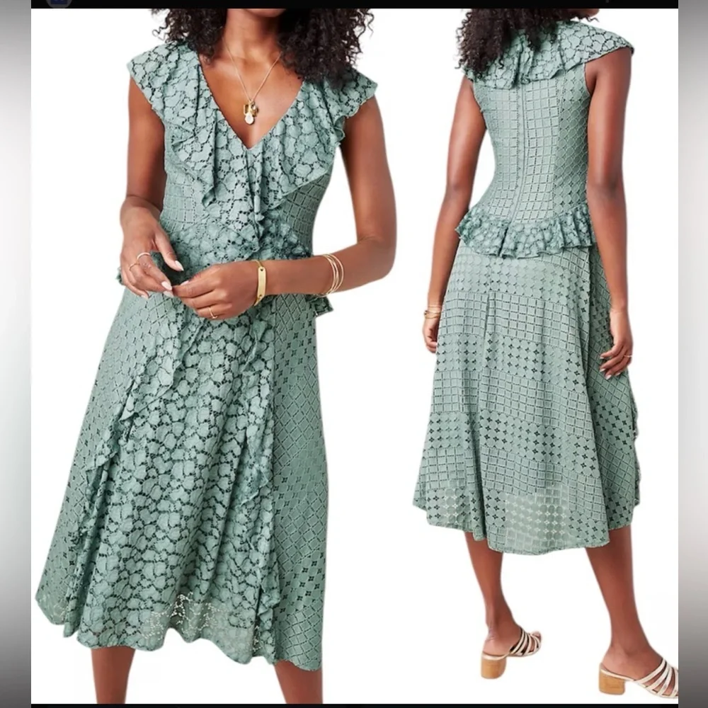 sage green anthropologie dress Anthropologie Antoinette Seafoam Green Lace Ruffle Midi Dress – Mustang  Sally Two's Closet main image 1